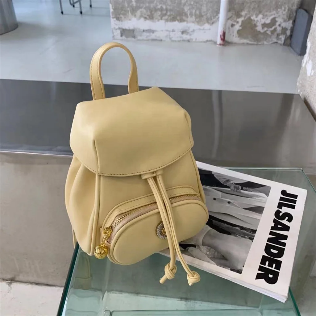 

New fashion Mini Drawstring Backpack women's soft sheepskin pure color shoulder bag 2021, Yellow white black