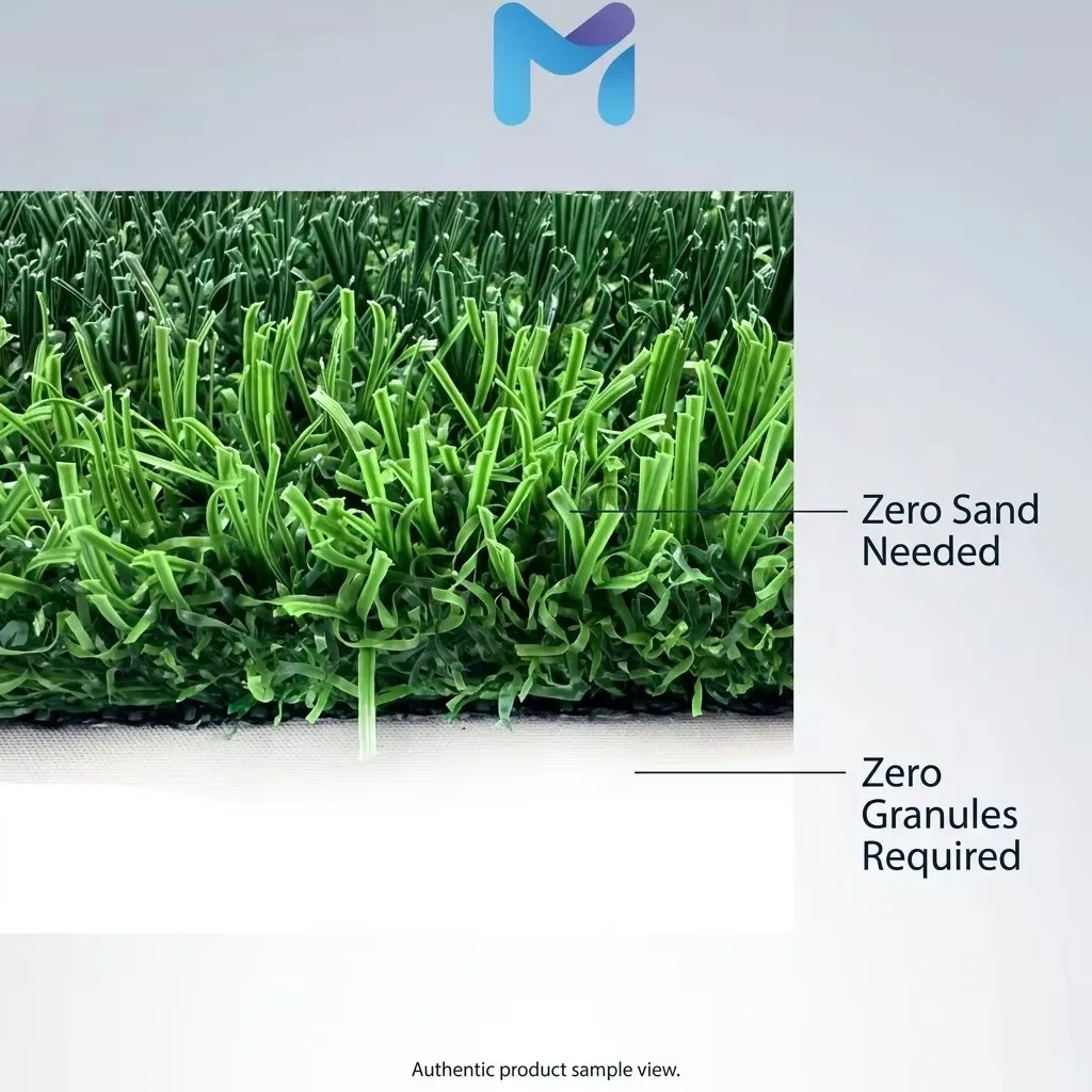 Close-up of non-infill football turf showing zero sand needed and zero granules required