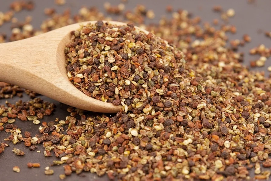 Different types of dried pepper flakes arranged by color and size