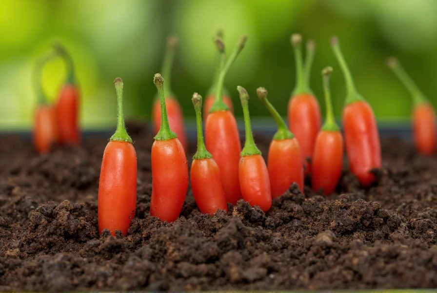 Close-up of peppadew pepper seeds on soil with germination timeline
