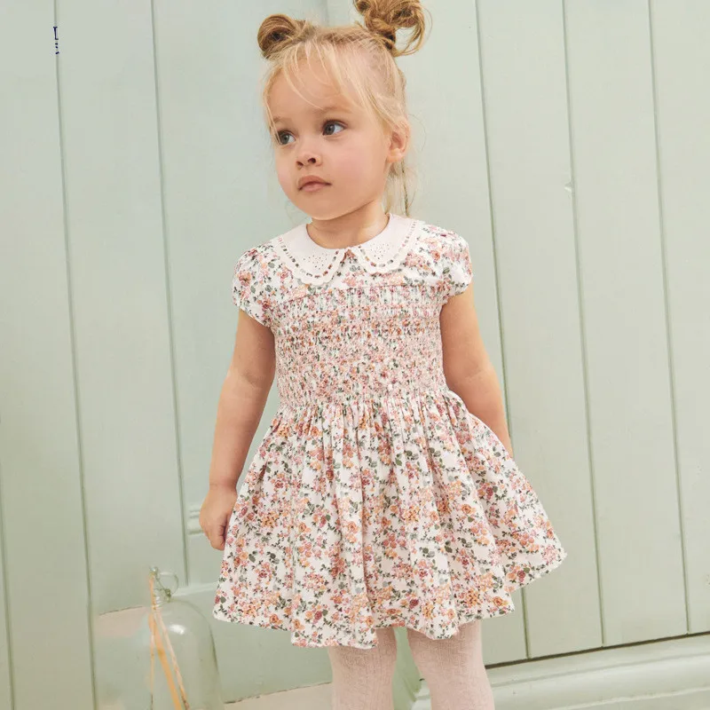 

girls smocked dresses frocks one piece girls dress with embroidery collar cotton knitted dresses, 1 colors