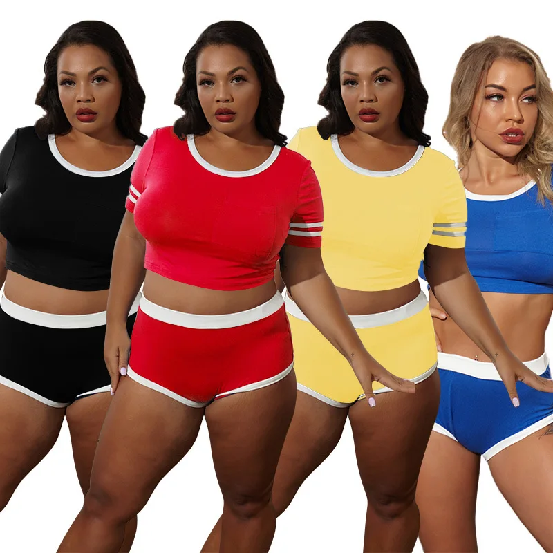 

Plus Size Women Clothing Solid Crop Top 2 Piece Biker Shorts Set Shorts Sleeve Top Two Piece Shorts Set