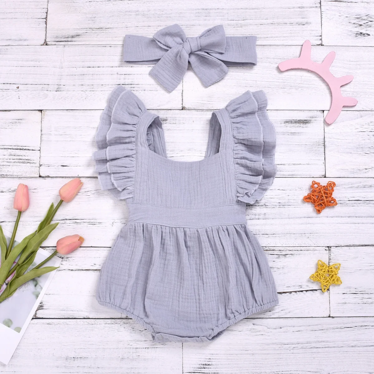 

Infant Girl Flutter Sleeve 100% Cotton Muslin Toddler Ruffle Newborn Baby Bubble Romper with Headband, Photo showed and customized color
