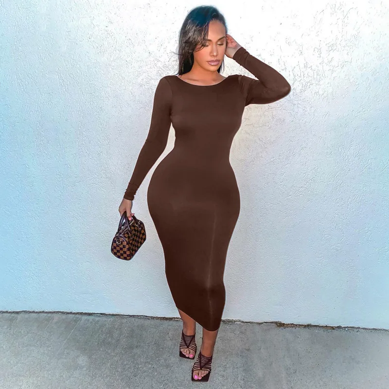 

2021 Long Sleeve Solid O-Neck Backless dresses Skinny Maxi Dress Women Fashion Sexy Streetwear Casual party Wear