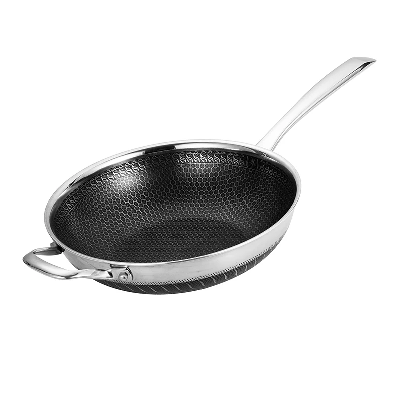 

32 cm wholesale kitchen utensils non stick gas and induction cooker wok 304 tri ply stainless steel chinese woks pan with lid