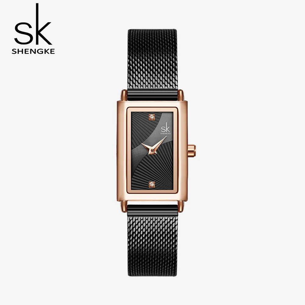 

SHENGKE Quartz Watch Elegant Ladies Watches New Waterproof Classic Square Alloy Women's Watch K0119L, Black/sliver