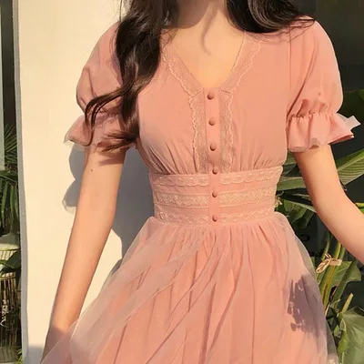 

Women's 2021 Summer Lace Tulle Dress Cottagecore Aesthetic France Style Kawaii Elegantes Fashion Women Sukienka Sundress, As show