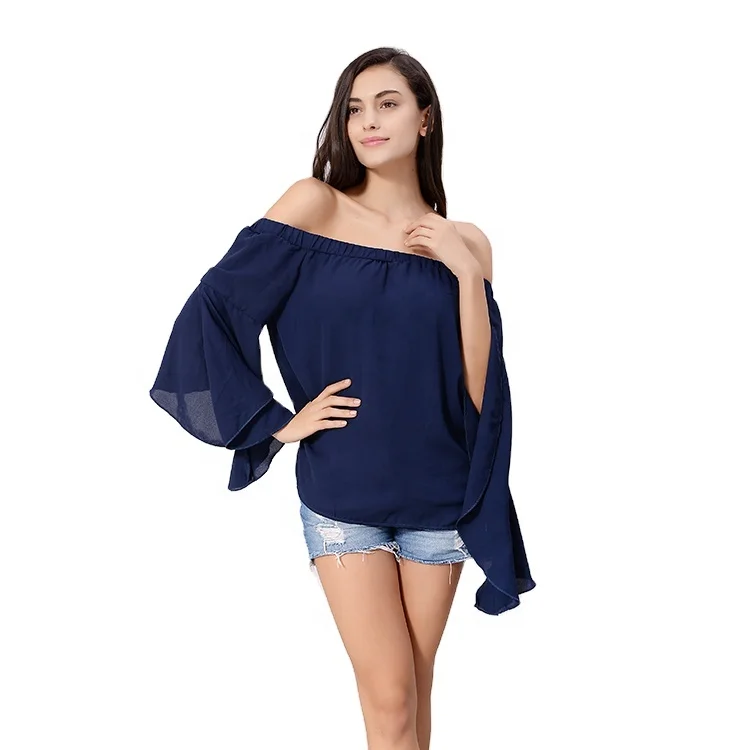 

Sexy style blue womens polyester bell sleeve off shoulder blouses chiffon tops elegant, Custom