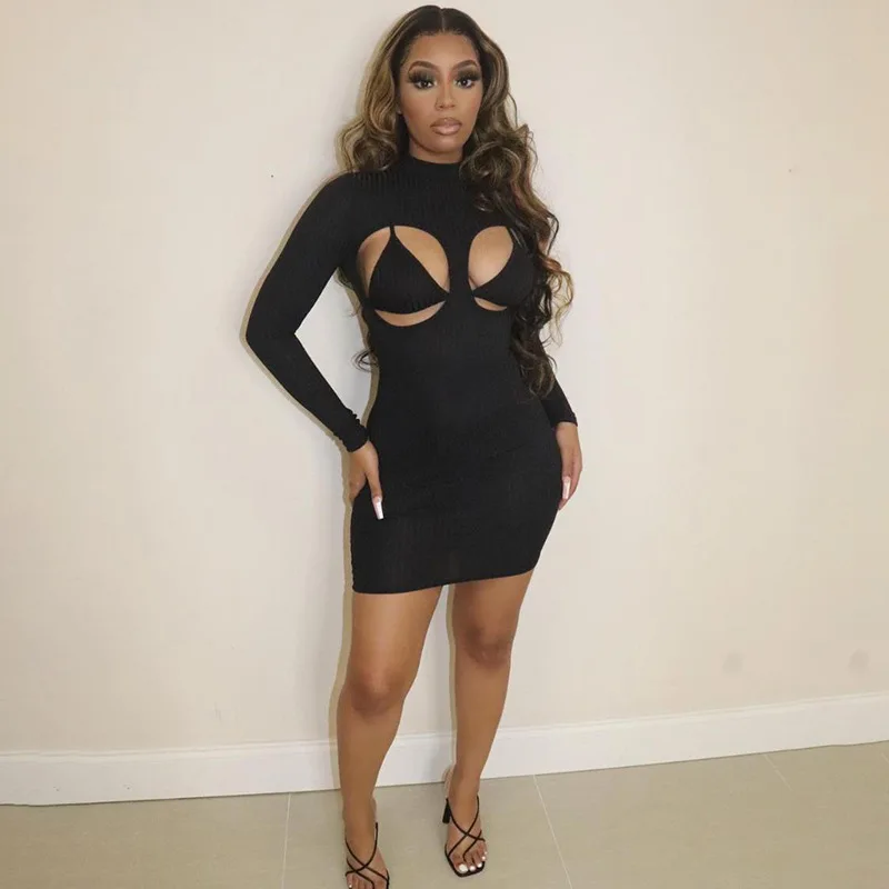 

2021 Sexy Spring Summer Casual 2021 Dresses Fashionable And Sexy Chest Hollow Out Elastic Buttock Solid Bodycon Dress