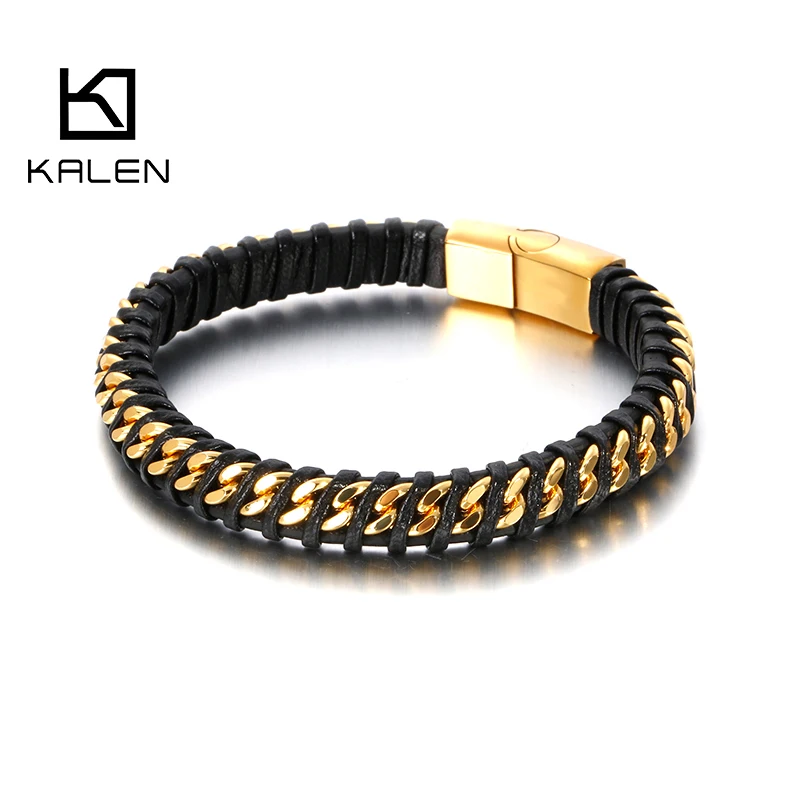 

KALEN Simple Cowhide Leather Titanium Steel Gold Curb Bracelet Men, Black