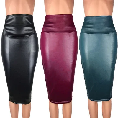 

Women Faux Leather Pencil Skirt High Waist Sexy Below Knee Long Sexy Skirt