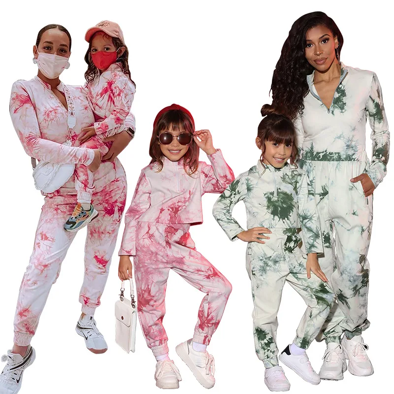 

New Fall winter family matching outfits long sleeve pants tie dye mommy and me clothes outfits 2021 mom and me two piece sets, 2 colors