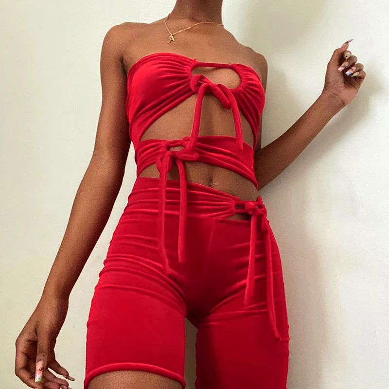 

HT Sexy Hollow Bandage Spring Jumpsuits Solid Color Rompers Womens Short 2021 Streetwear, Picture show