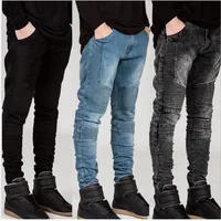 

Fashion trend handsome biker jeans plested slim youth men small feet pants simple style male denim trousers