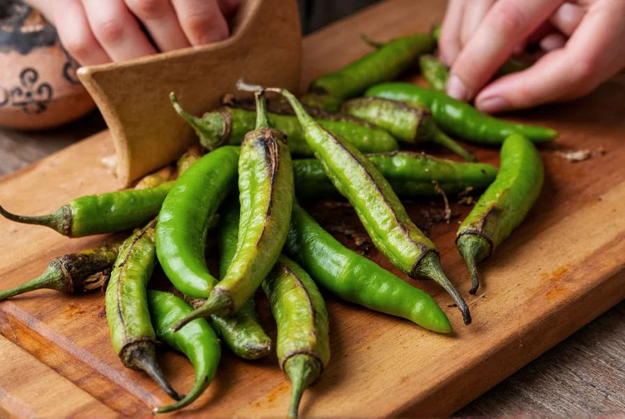 Professional food photography of freshly roasted Hatch green chile peppers with charred skin being peeled, showing the vibrant green flesh underneath, on a rustic wooden cutting board with traditional New Mexican pottery