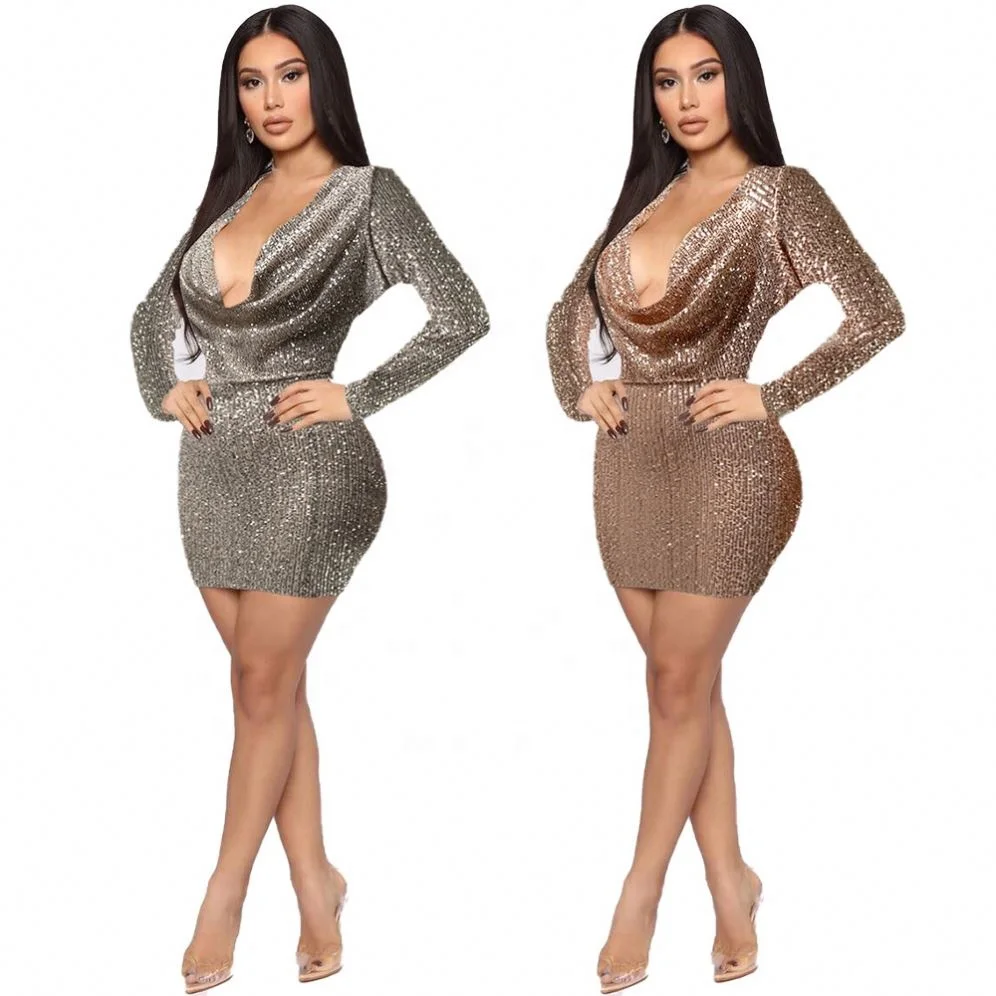 

FC6028 autumn ladies elegant dress sequins pleated slim fit V neck low cut long sleeved bag hip sexy women dress