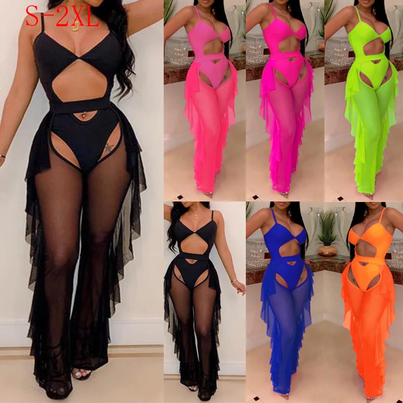 

JSNC1401 Aliexpress swimsuit two-piece foreign trade sexy hollow-out one-piece swimsuit stitching mesh long pants set, 11 colors