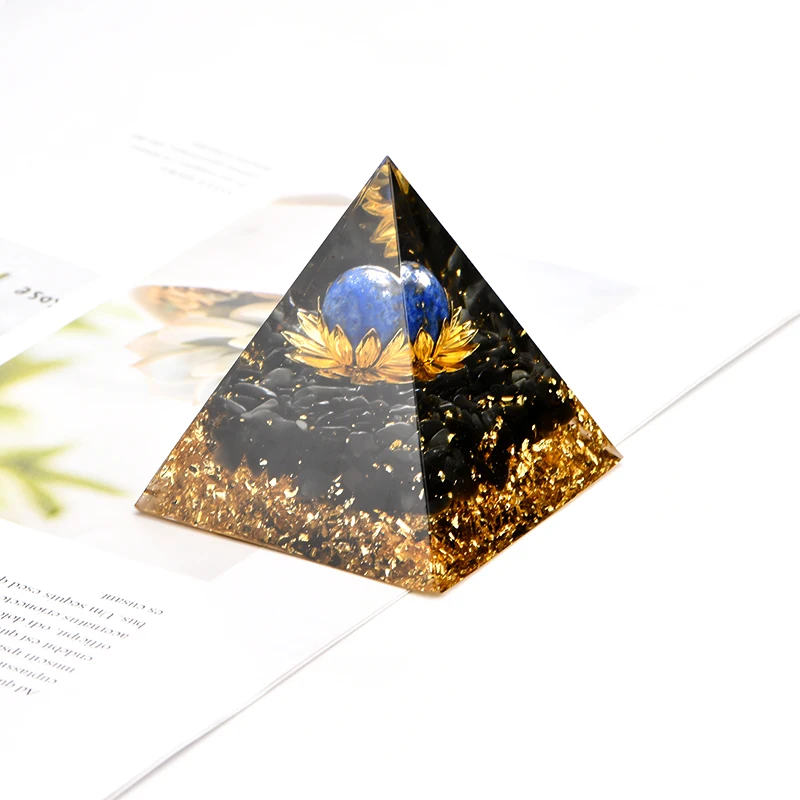 

Healing Orgone Chakra Crystal Pyramid With Natural Gemstones Ball Gold Color Film Lotus Decorated Pyramid Crystals