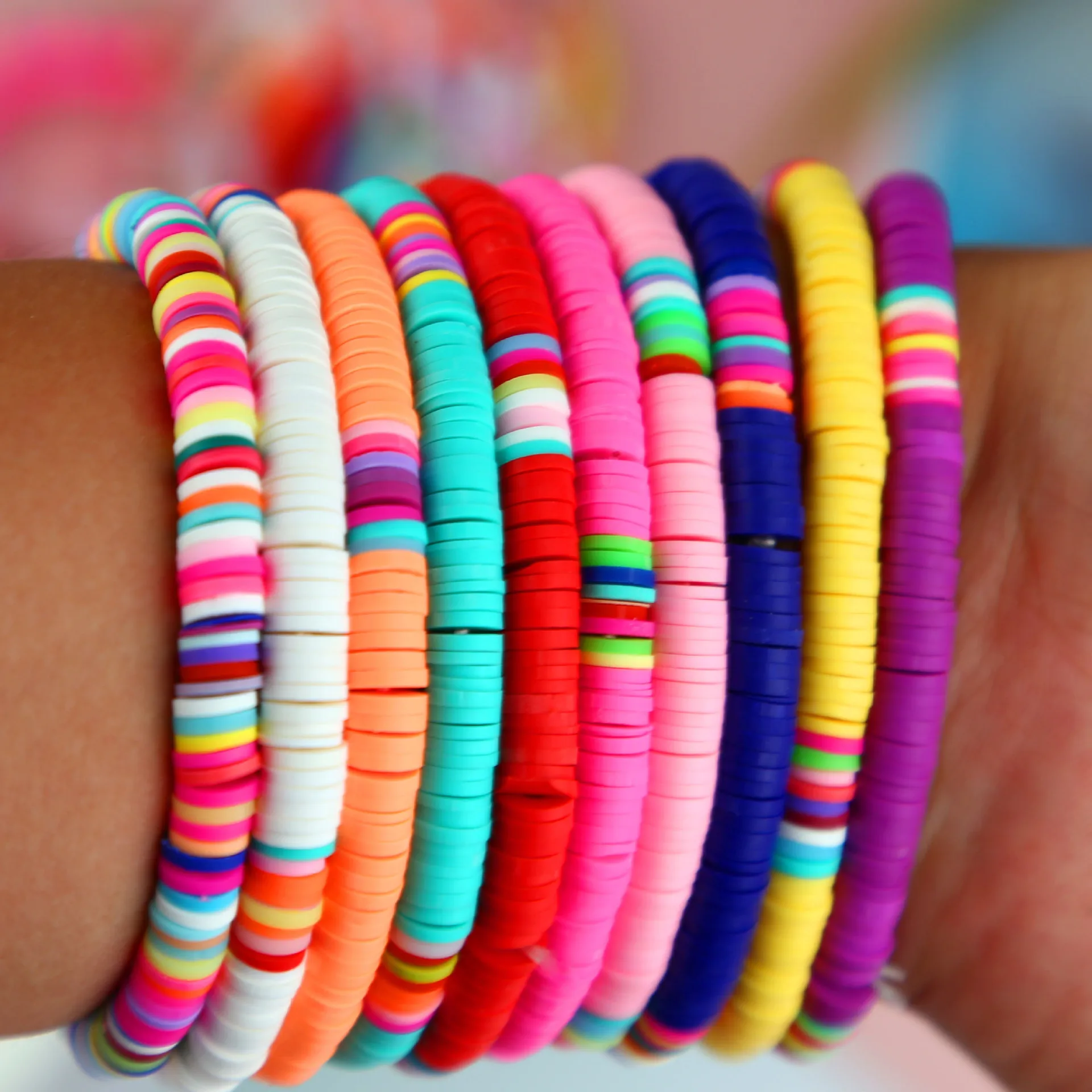 

6mm Heishi Bracelets for Women Stackable Rainbow Vinyl Disc Beaded Stretch Bracelets Elastic Layering Friendship Bracelets Boho
