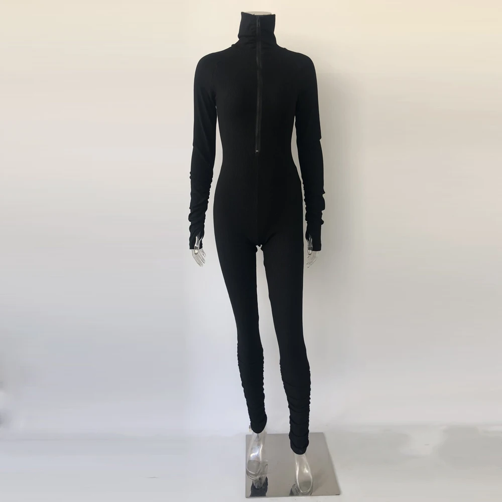 
8358 Autumn Winter Tight Long Sleeve Pants Deep O- Neck Half Zipper Sexy Rompers Womens Jumpsuit stacked leg jumpsuit 