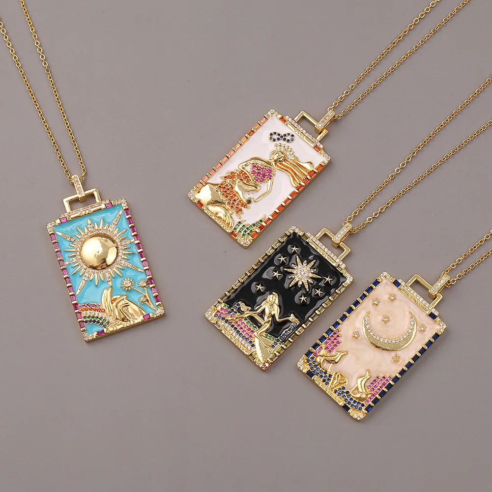 

Hot oil enamel zircon tarot card necklace retro star moon sun pendant, Gold