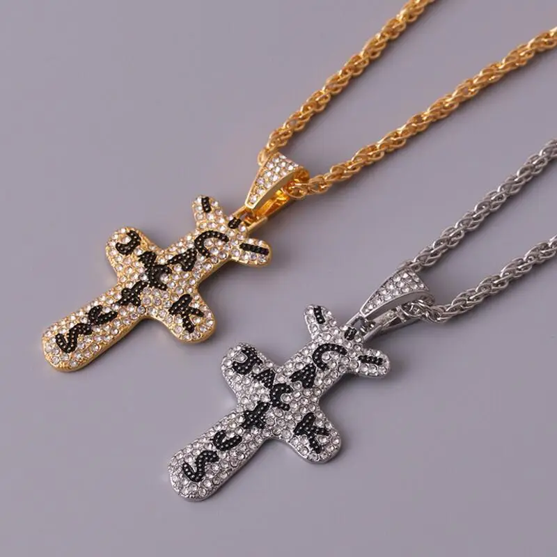 

Miss Jewelry HipHop 18k Gold Plated Stainless Steel Mens CZ Cactus Jack cross necklace Diamond Necklace Out Tennis Chain, 14k 18k gold / white gold /silver
