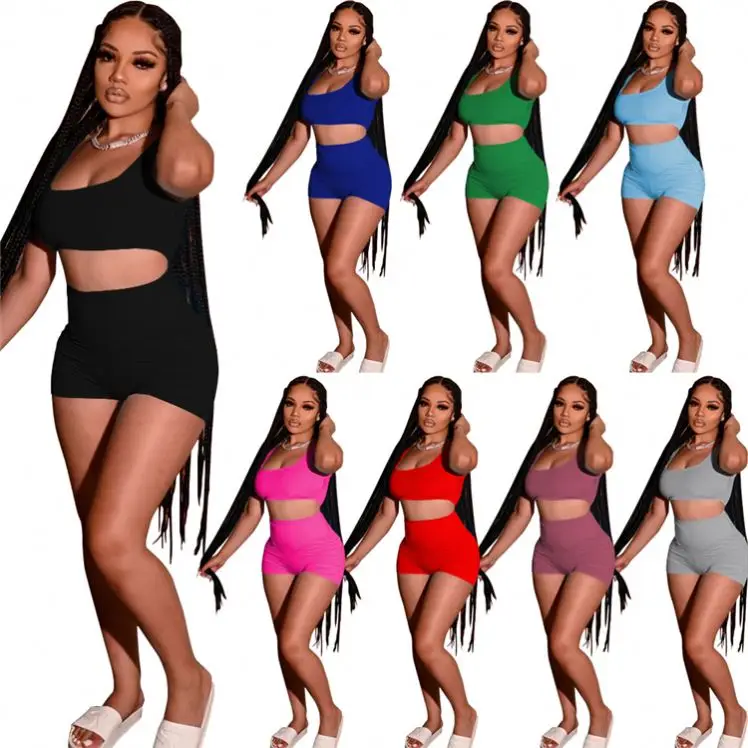 

Latest Design Fashionable Casual Solid Color Crop Top Pleated Shorts Summer Sports Wear Women 2 Piece Pant Sets