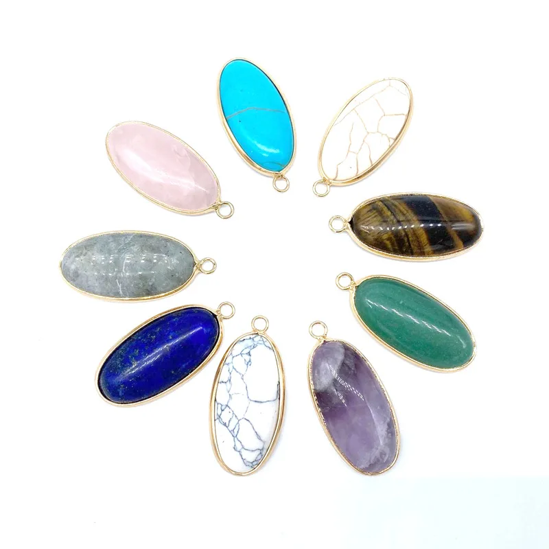 

15X30mm Oval Assorted Natural stone Turquoise Quartz Pink Crystal malachite Pendant DIY Jewelry making