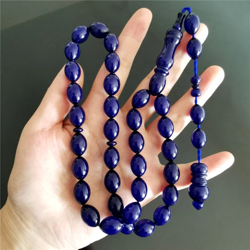 

High Quality Handmade Blue Resin Amber Oval 10*14mm 33 beads Muslim Rosary Islamic Prayer Beads Tasbih Misbaha sibha