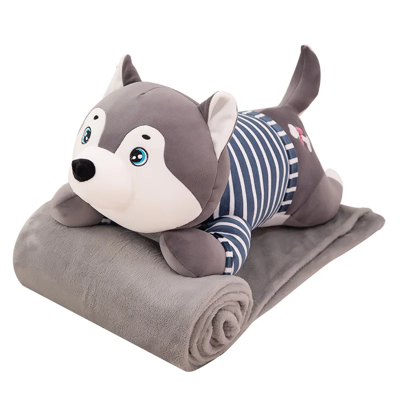 

60CM Lovely Stuffed Dog Pillow with Blanket Pink Gray Inside Kawaii Plush Husky Toys