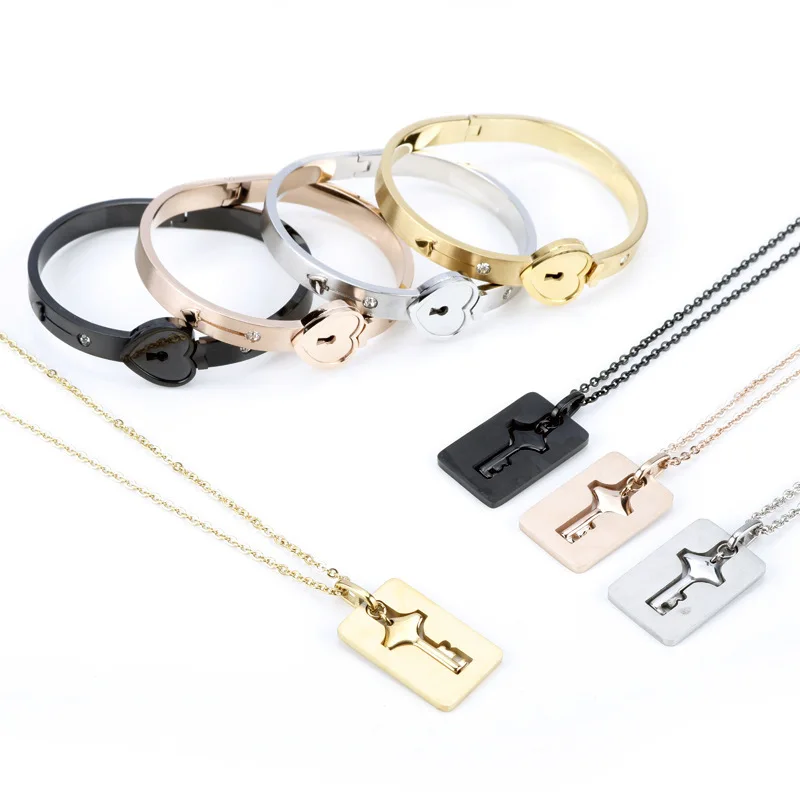 

New Design 4 Colors Stainless Steel Jewelry Sets Heart Love Lock Bracelet Key Necklace For Couples Women Zircon Wedding Gift, Picture color