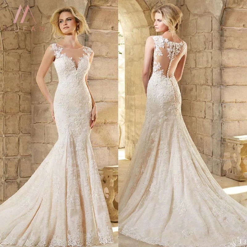 Natural Autumn Cut Lace Ball Gown robe de mariage sirene Boat Sleeveless Mermaid Wedding Dress