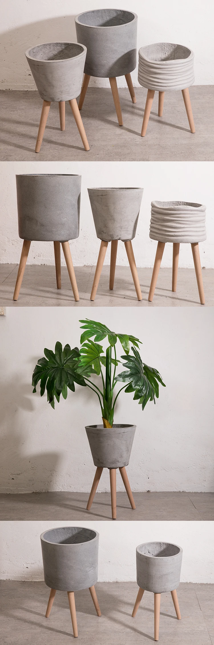 Cheap Cement Fiberglass Round Flower Pots With Wooden Legs Stand For