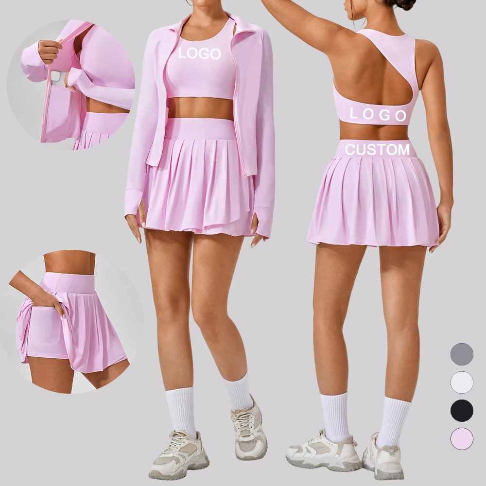 Summer Naked Feeling 3 Piece Women Tennis Set Shockproof Yoga Bra Quick Dry Tennis Skirt With Short and Jacket Gym Fitness Sets