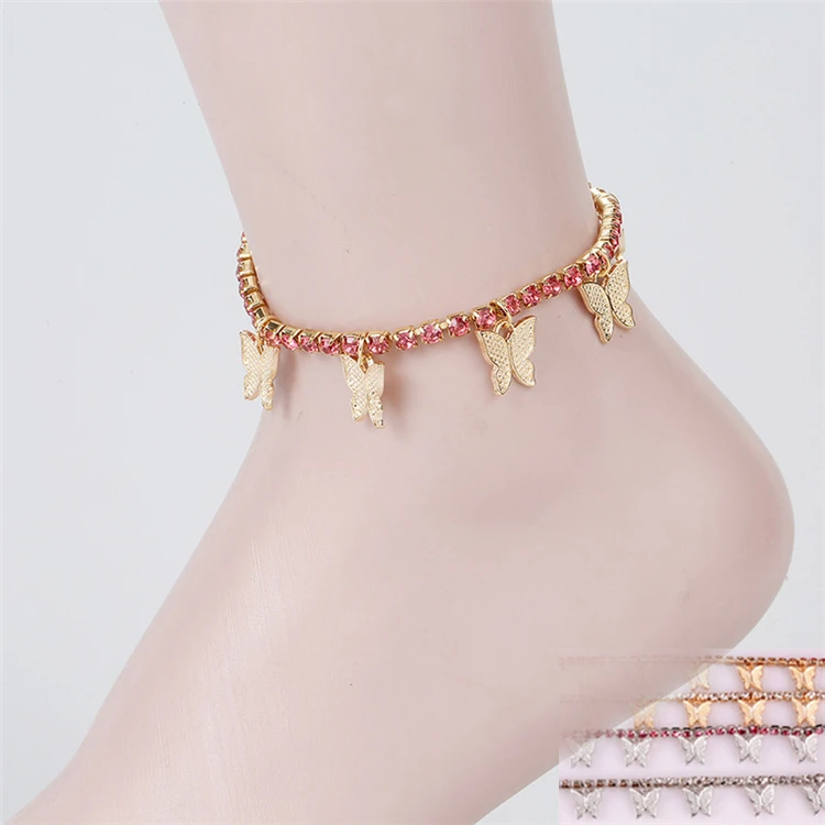 

2021 Summer Rhinestone Gold Butterfly Anklet Alloy Butterfly Pendant Beach Anklet For Women, Gold color