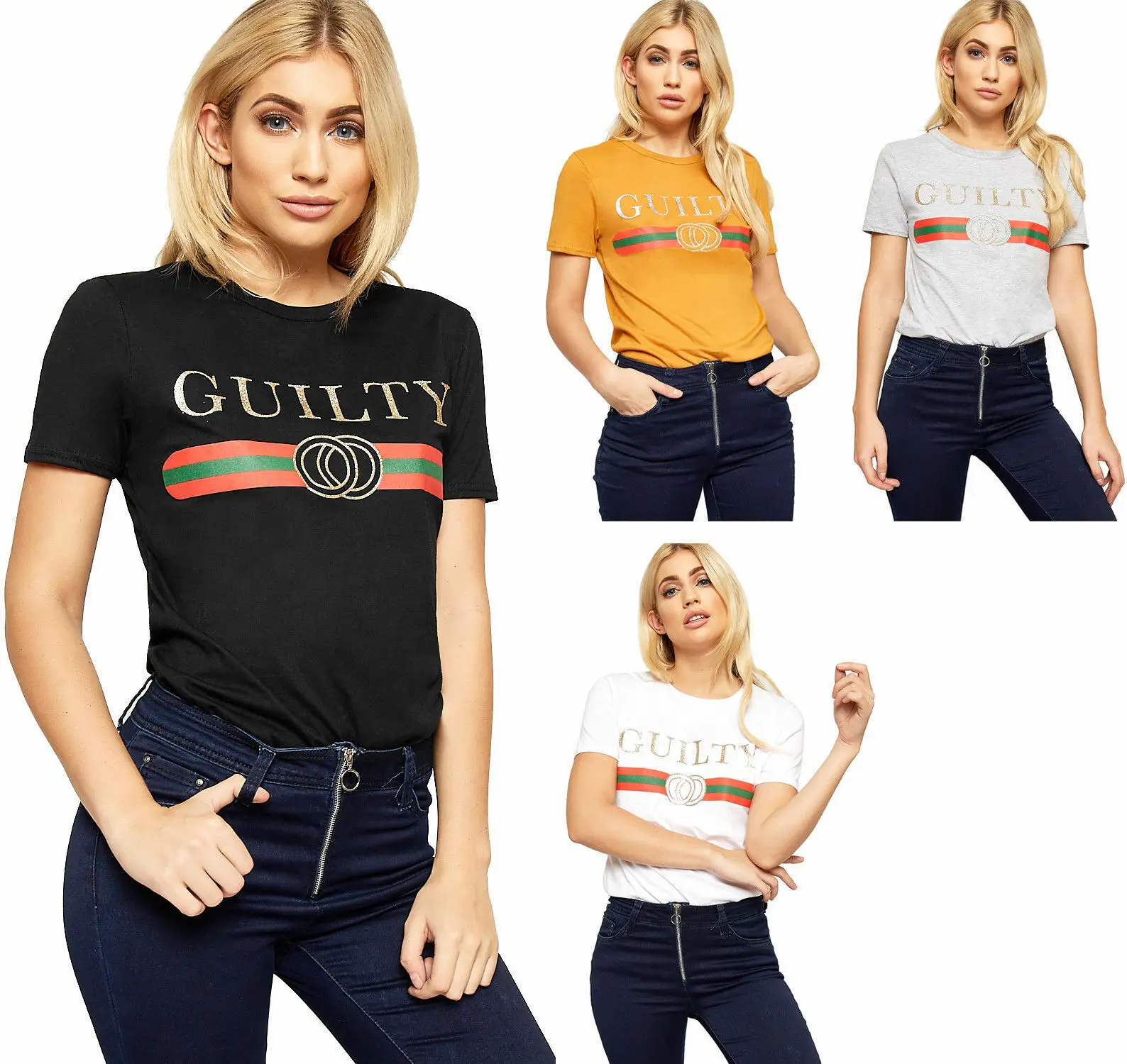 

Women's Celebrity Guilty Designer Casual Top Ladies custom Slogan Striped T- Shirt