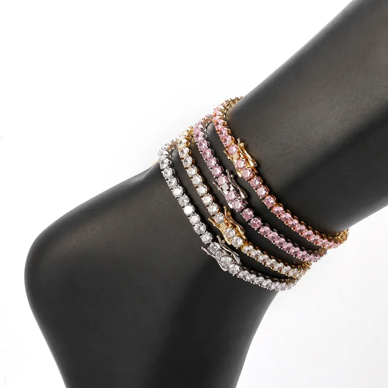 

Bling hip hop 3-5mm white diamond tennis iced out anklet jewelry women, White,pink