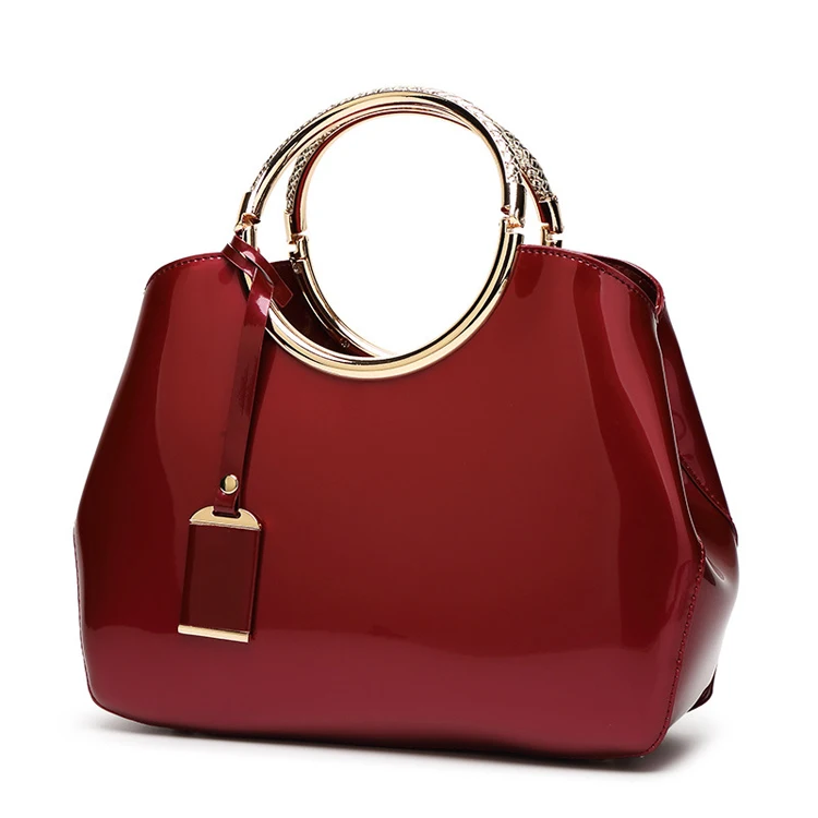 

Hot sale luxury glossy patent PU leather women wedding hand bag ladies tote bag handbags, White,red,burgundy,navy,black,pink,rose red