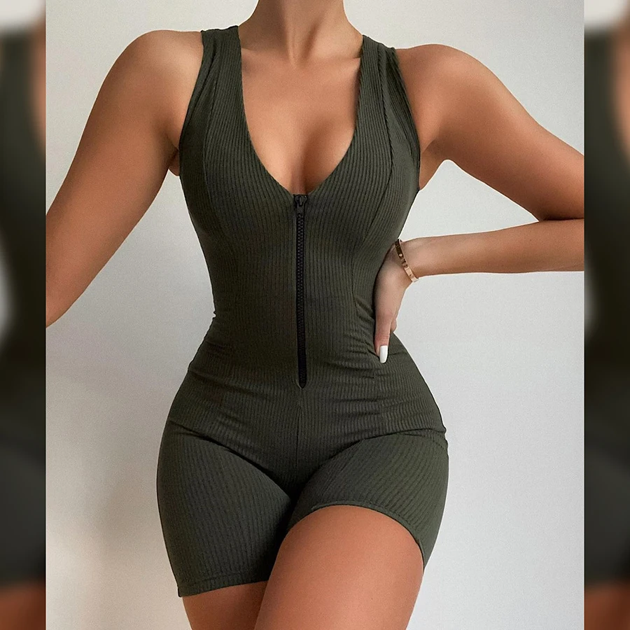 

Kliou K20Q10782 2021 New Arrivals Autumn Skinny Solid Ribbed Zipper Jumpsuit Women Jumpsuits Bodysuits