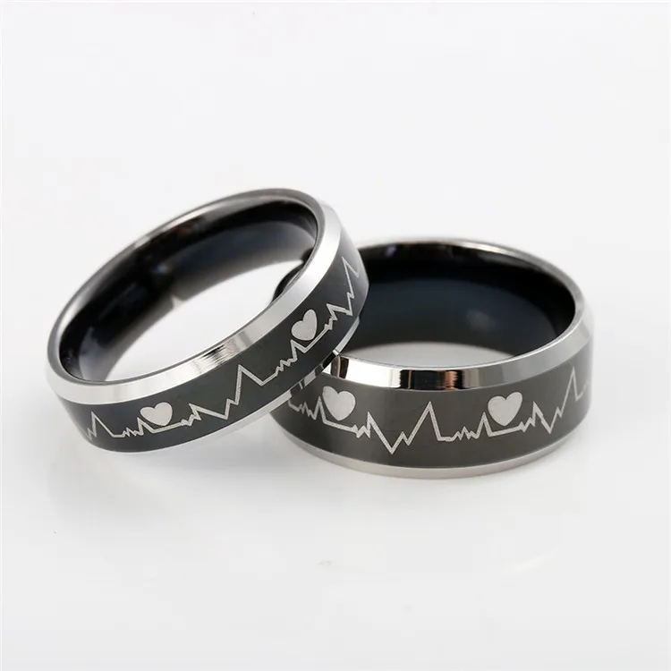 

316L Stainless Steel ECG Heartbeat Ring Promise Love Forever Heartbeat Couple Rings For Valentines Day, As picture