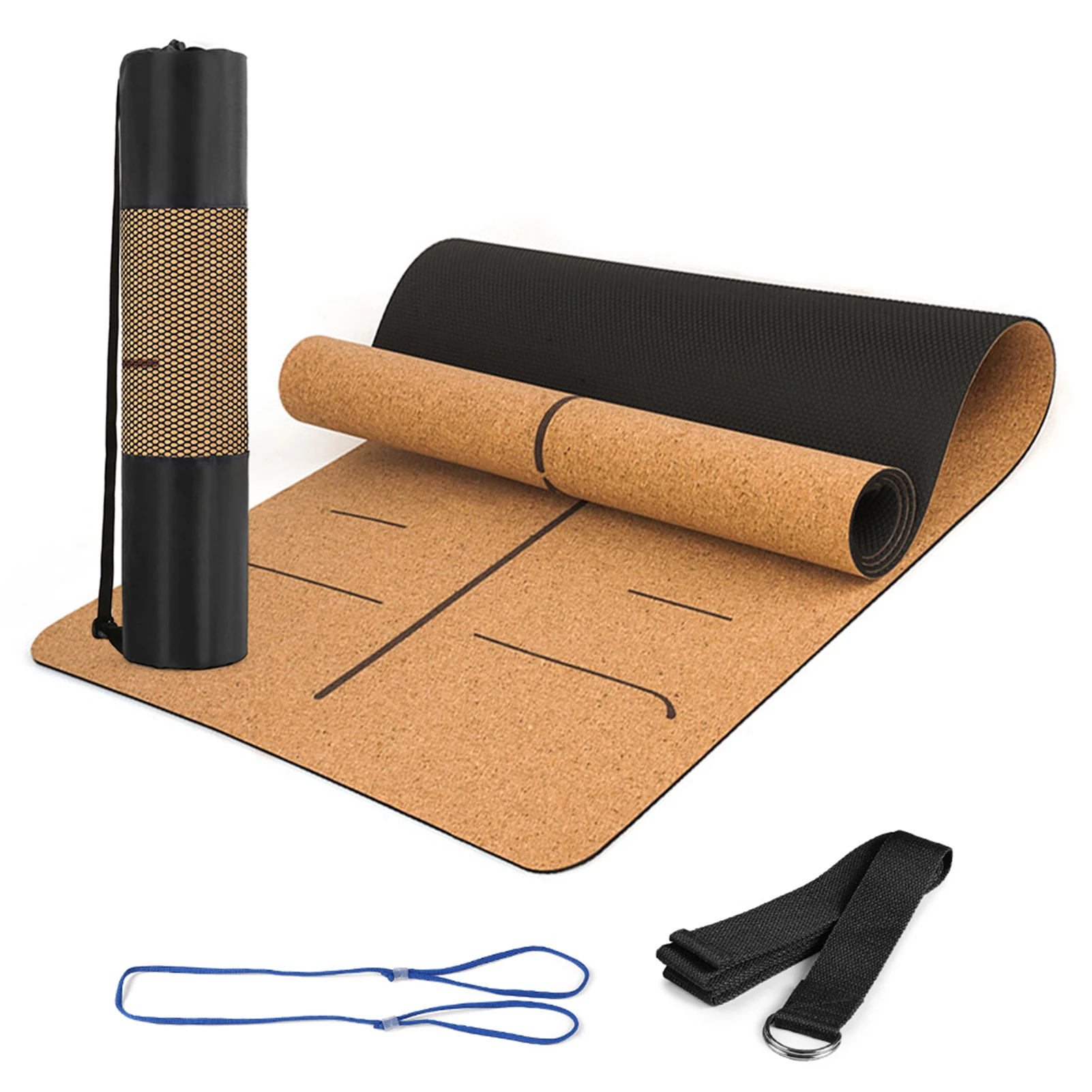 

5mm Thick Non Slip Cork with Yoga Strap Carry Bag for Pilates Gymnastics Exercise Fitness Mat Pad