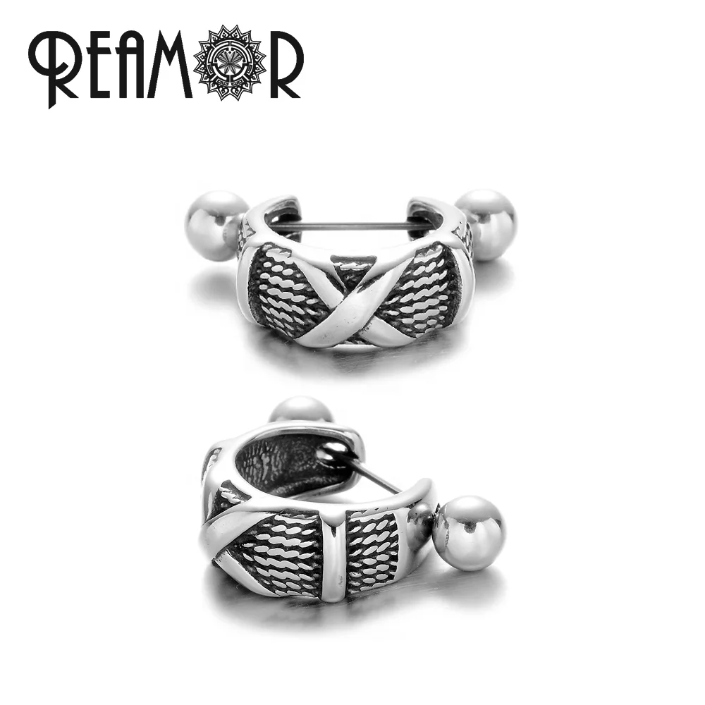

REAMOR Men Wide Hoop Earrings U Shaped X Alphabet Textured Stainless Steel Cuff Cartilage Stud Earrings for Men and Women, Silver color