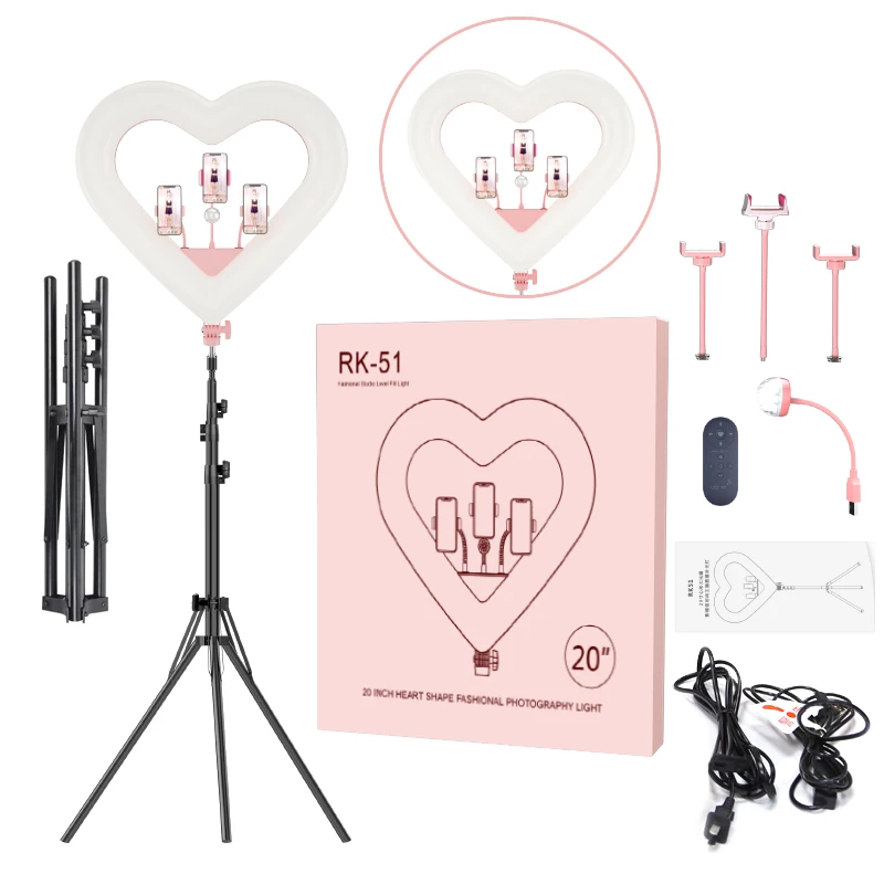 

Sell well RK51 Dimmable 18 inch makeup heart shaped ring light led selfie ring light with cell phone holder tripod stand, Pink