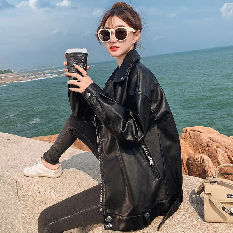 

Wholesale Fashion Zip Front Black Biker Pu Leather Women's Plus Size Jackets