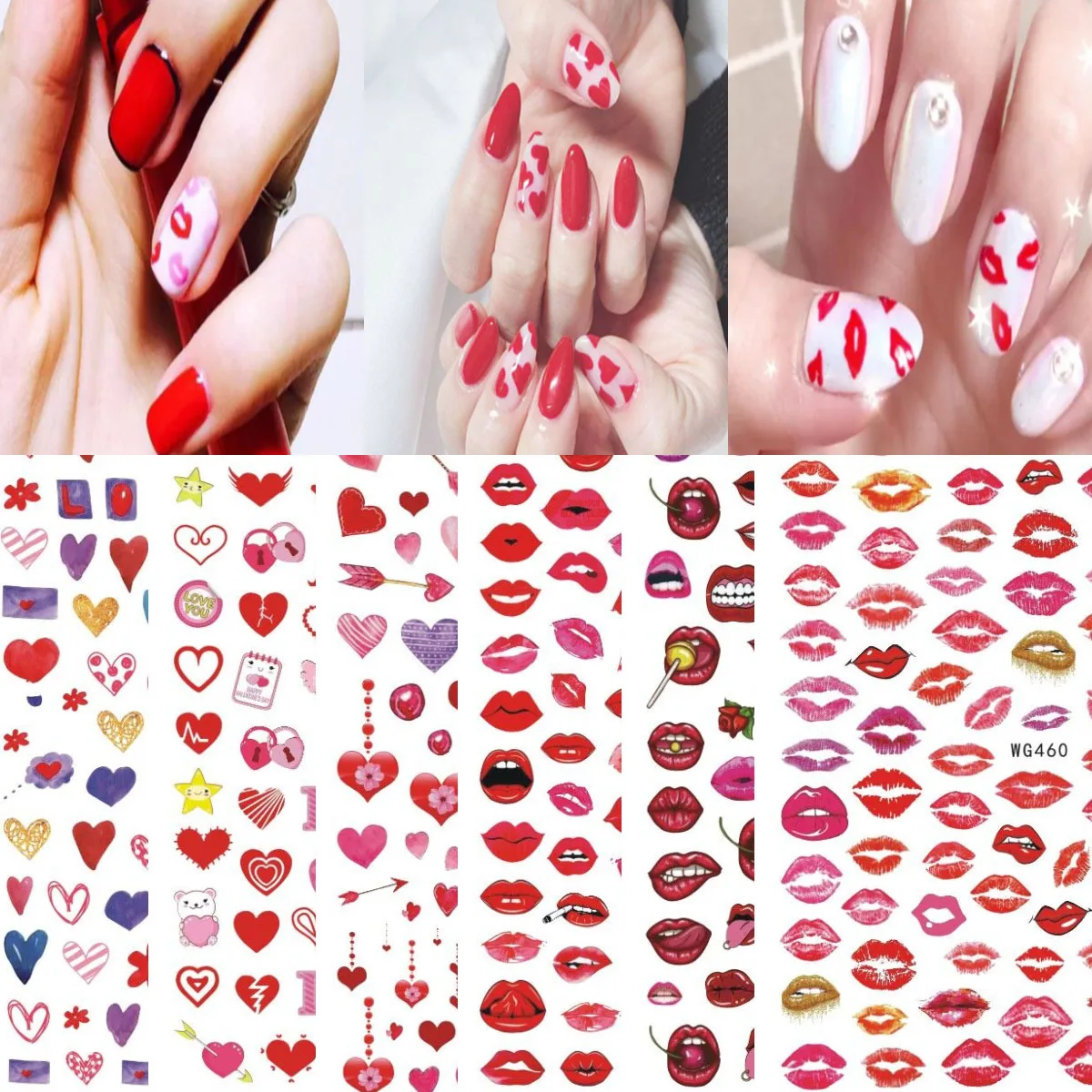 

Wg449-461 nail art 2021 Color new Valentine's Day Heart red lips series color nail stickers, As picture show