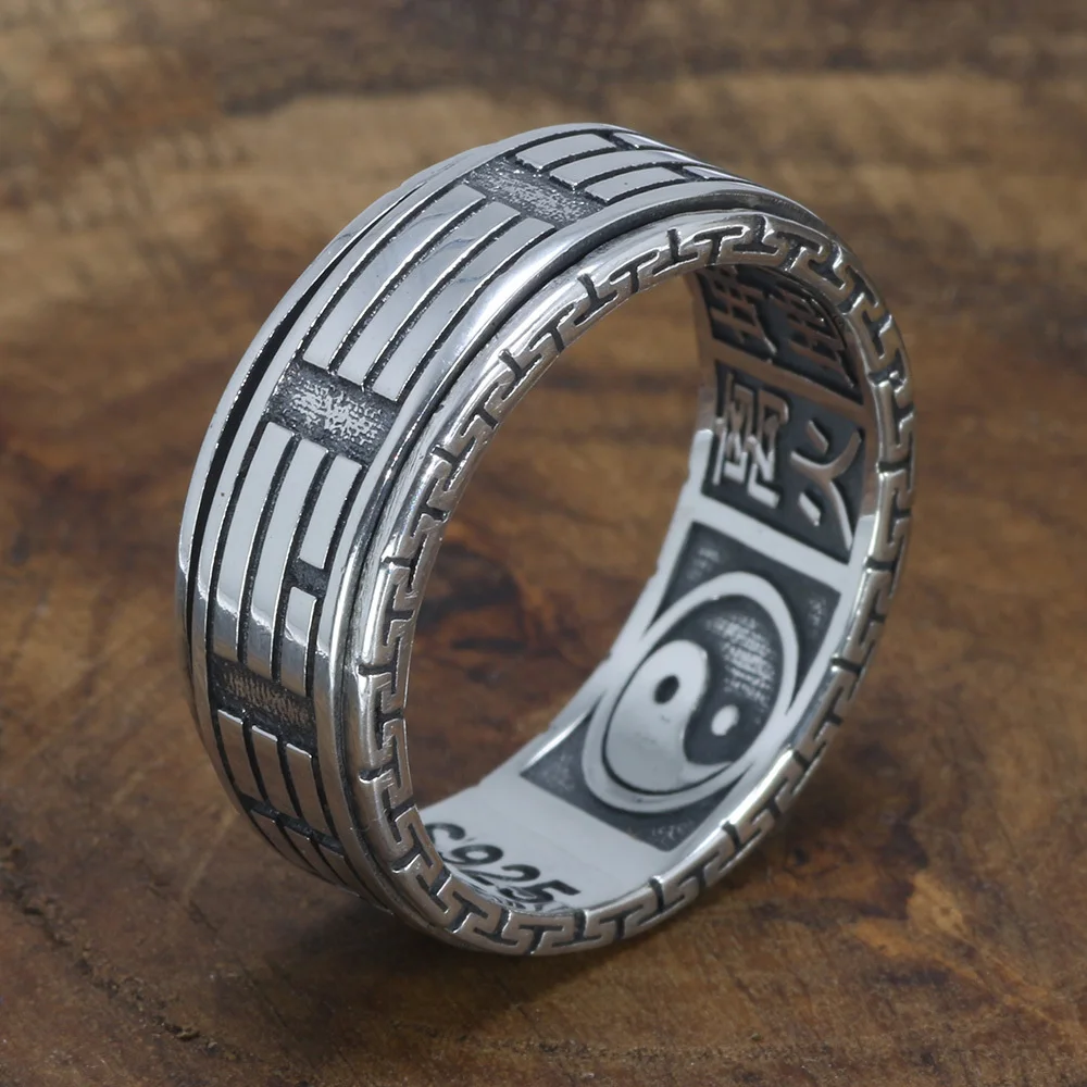 

Real 925 Sterling Silver Rings For Men Spinner Rotatable Carving Taiji Bagua Yin Yang With Vintage Great Wall Pattern