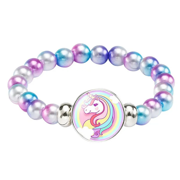 

Children Rainbow Beads Glass Cabochon Unicorn Bracelet For Girls Cartoon Kids Pearl 18mm Snap Button Bracelets