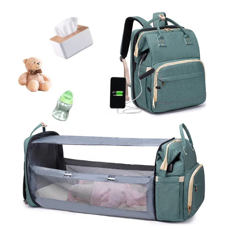 

New 3 in 1 baby diaper bag bed multifunction USB mommy travel bag OEM custom foldable crib backpack with trolley hook In Stock, 6 colors
