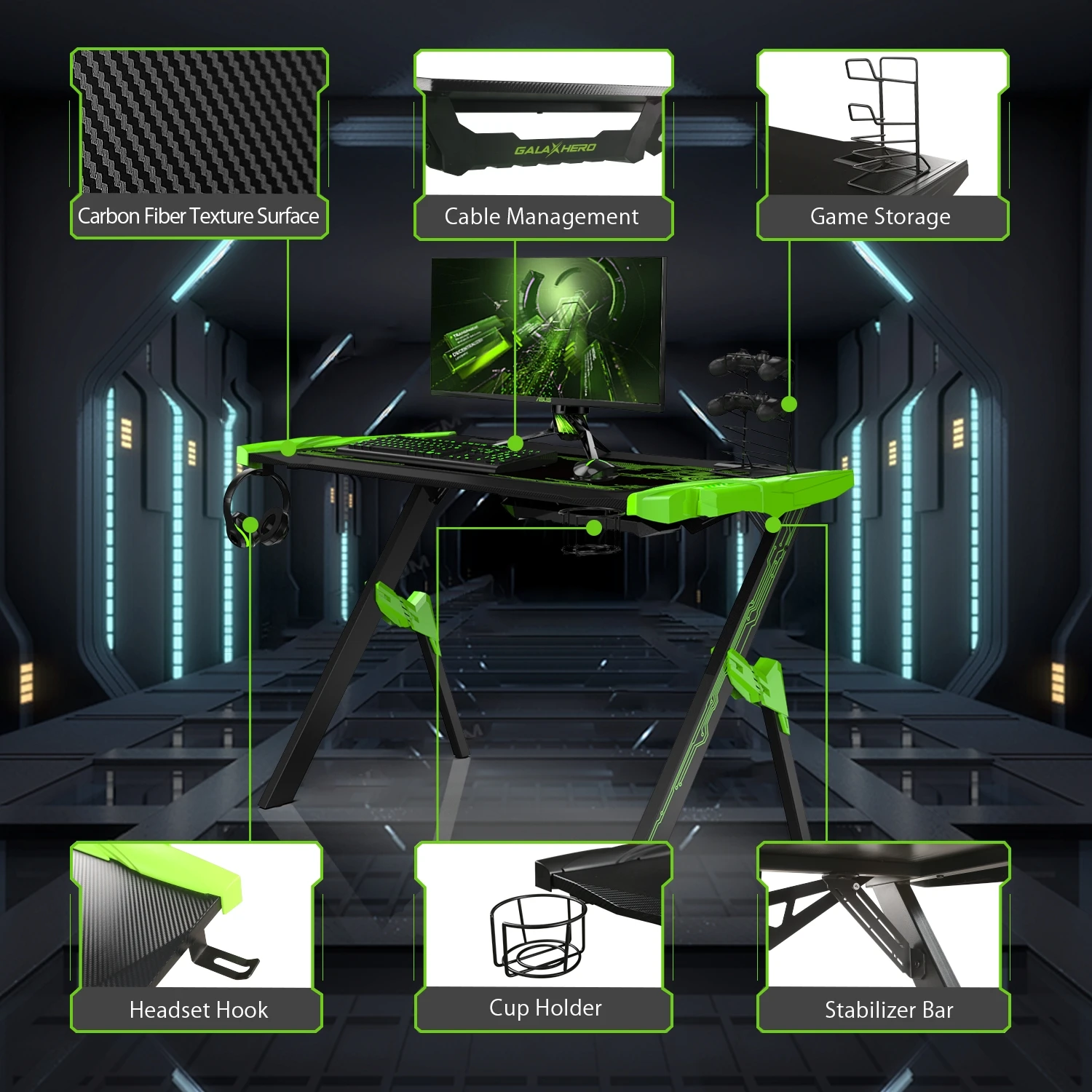 
NEW ITEM 1.2m Latest design RGB LED light gaming table PC computer gaming desk with carbon fiber MDF desktop 