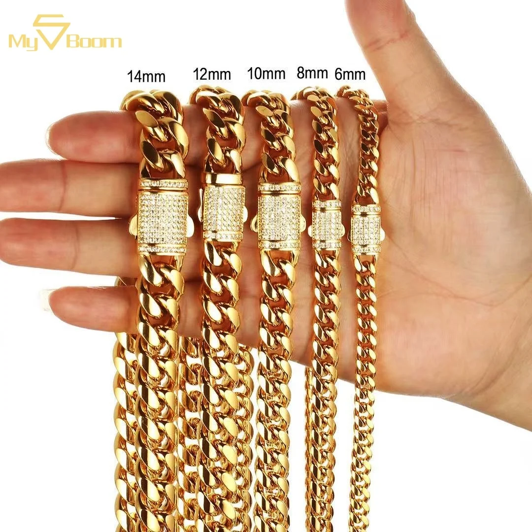 

Fashion 6mm-14mm Men's 18K Gold Plated Hip Hop White Zircon Micro Buckle Stainless Steel Cuban Link Chain Necklace